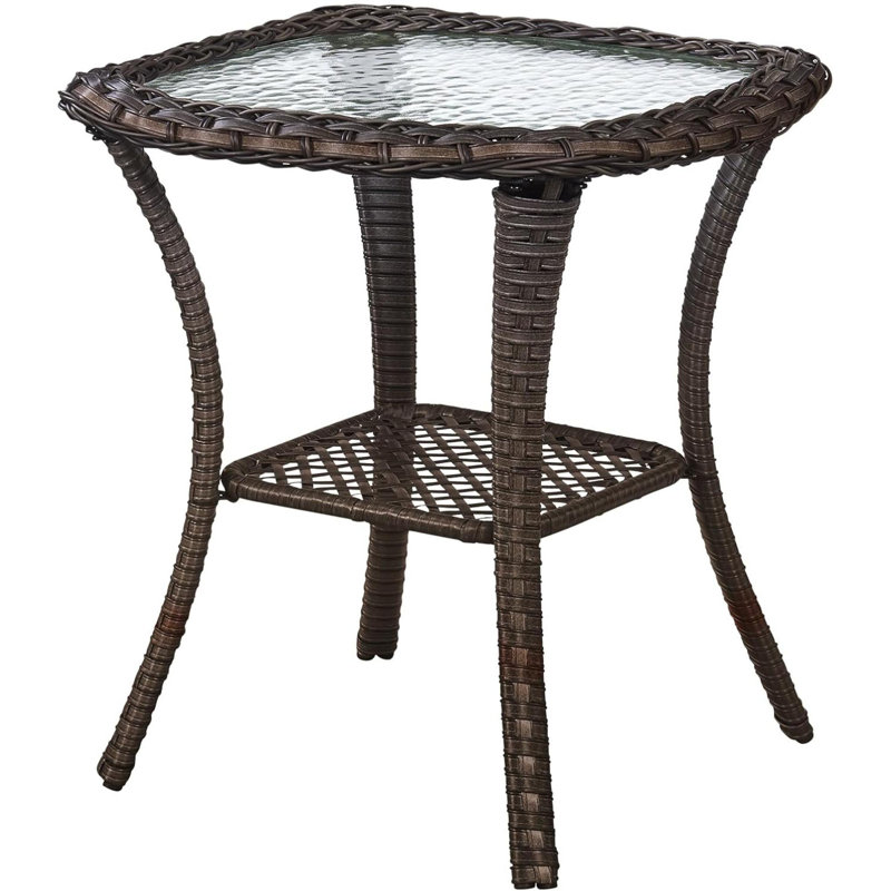 Petite table d'appoint pour l'extérieur - Capacité de poids de 50 lb Table d'appoint en osier avec rangement, plateau de table en verre trempé pour terrasse