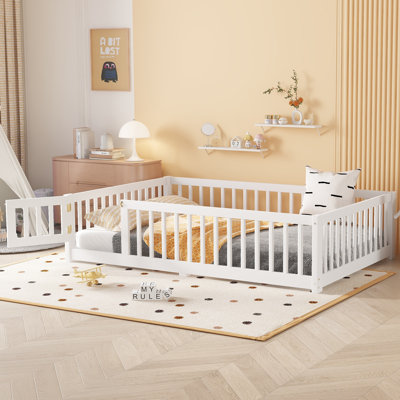 Kids Floor Bed with Safety Guardrails & Door, Low Profile Pine Wood Twin Bed for Children