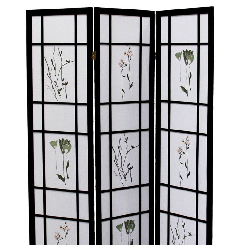 Paravent 70 po 3 po, finition noire, ornement asiatique, pin massif, panneaux à imprimé floral, grande barrière pliable, couleur