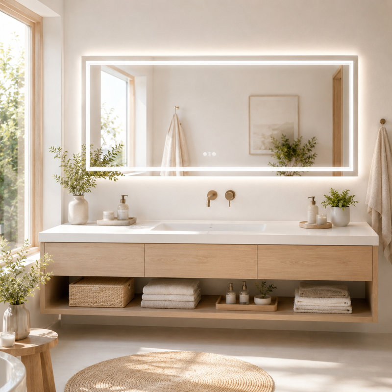 Grand miroir de salle de bain 72 po x 32 po à DEL pour meuble-lavabo double, miroir anti-buée avant et rétro-éclairé