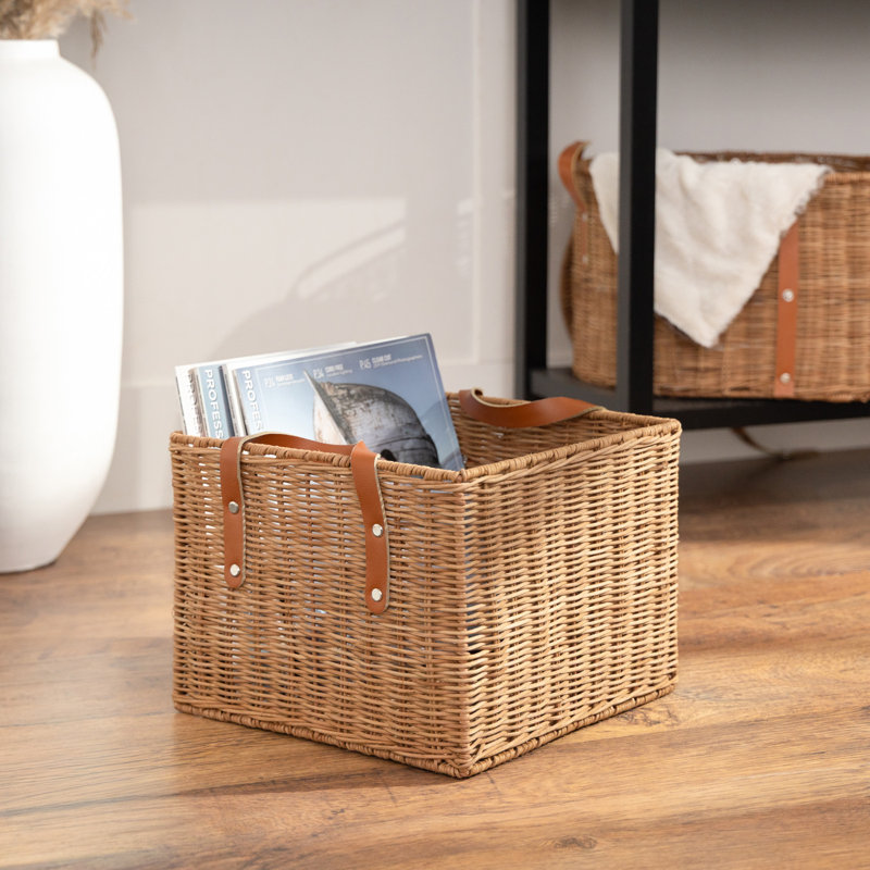 Cole and Grey Rattan Handmade Woven Brown Decorative and Functional Storage Basket with Leather Handles