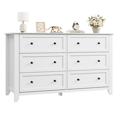 Commode 6 tiroirs Modern - Armoire de rangement en bois de 54 po de largeur - Tiroirs profonds avec boutons en métal - Organisateur pour chambre à coucher, placard, chambre de bébé, salon, couloir, appartement - blanc