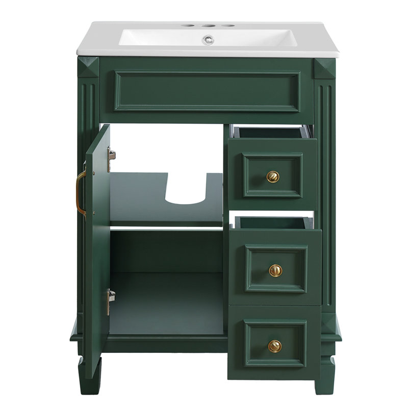 Élégant meuble-lavabo de style français avec lavabo en céramique 2 tiroirs et tablette réglable, Vert