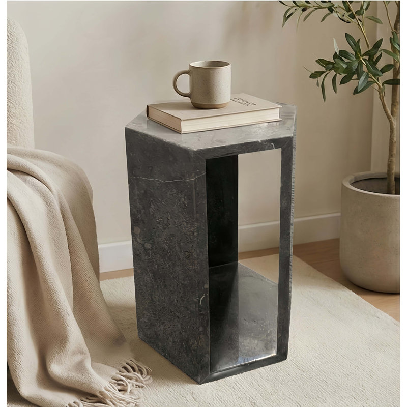 Table d'appoint moderne en marbre naturel gris foncé, piédestal géométrique hexagonal, 15,7 po, Gris foncé