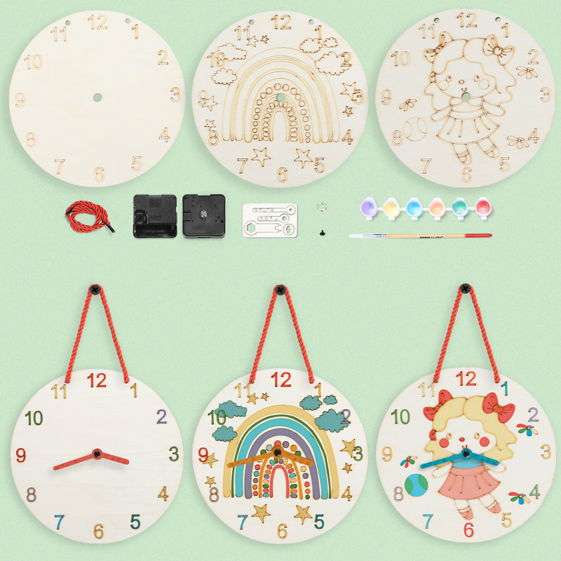 Kids Rainbow & Girl Themed DIY Wooden Wall Clock Painting Kit