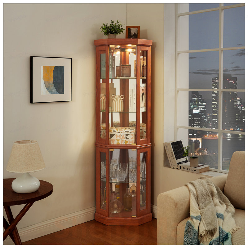 Armoire d'angle en verre avec vitrine d'exposition, tablettes réglables et éclairage à DEL pour le rangement du vin et du bar dans le salon