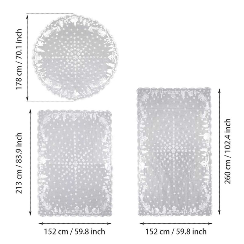 Christmas Tablecloth Rectangle 60" x 102" Holidays White Table Cloth Lace Xmas Table Fabric Cover, 70" Round