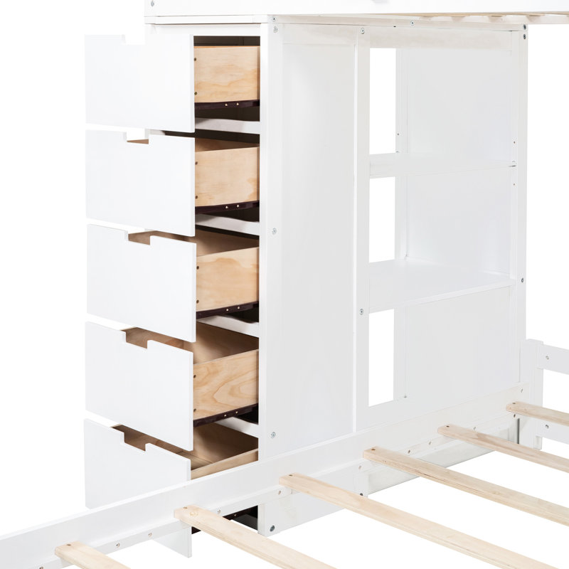 Twin Over Bunk Bed With Shelf Storage, White - Keep Your Room In Led & Practical Plywood Build, Drawers, Shelves, And Desk For Bedroom
