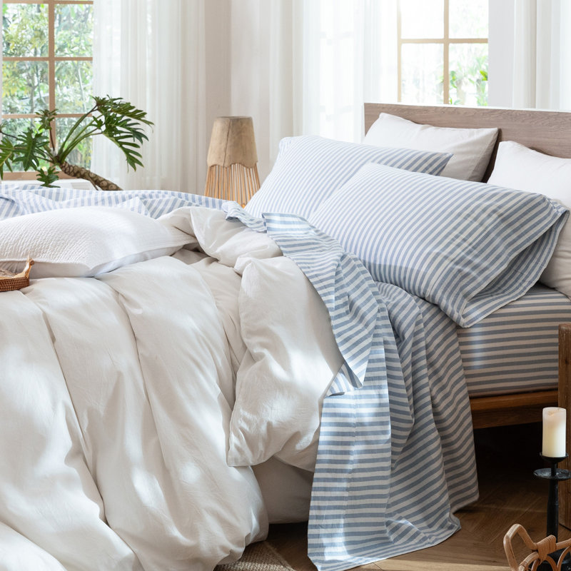 MooMee Striped Sheet Set 100% Washed Cotton Linen Like Textured Breathable Lightweight, King Sheet Set with 2 Pillowcases
