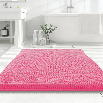 Luxury Chenille Bath Mat, Extra Soft Absorbent Shaggy Non-Slip Bathroom Rug, Hot Pink, 30"X20"