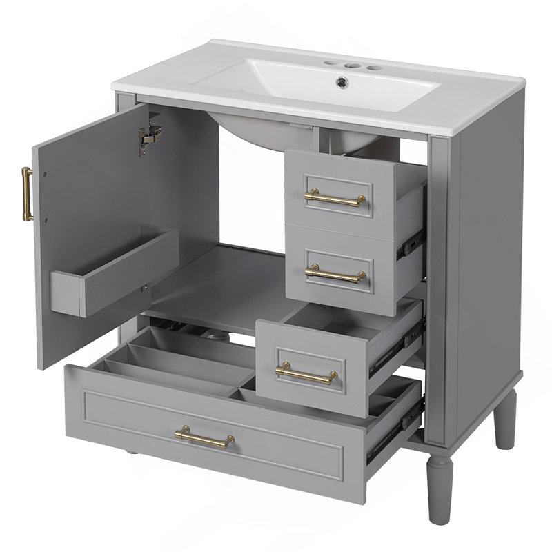 Meuble-lavabo de 30 po avec lavabo en céramique, porte à fermeture en douceur avec tablette intégrée, tiroir profond, tiroir standard, grand tiroir diviseur, grande armoire de rangement pour la salle de bain, design moderne et fonctionnel
