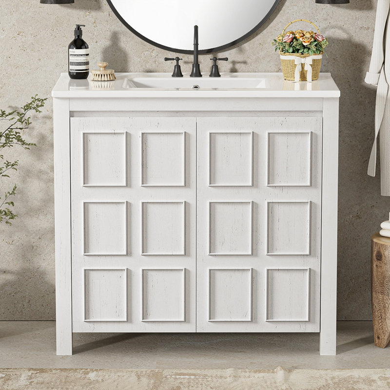 Bathroom Cabinet with Ceramic Sink Durable and Easy to Clean, Antique White
