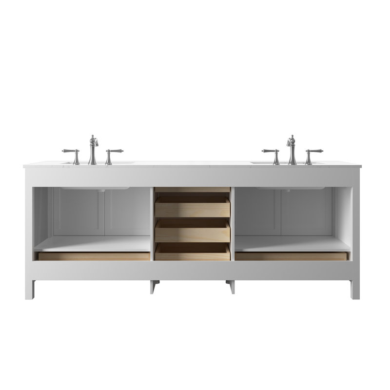 Meuble-lavabo double Romio de 84 pouces avec comptoir en pierre composite blanche de Carrare