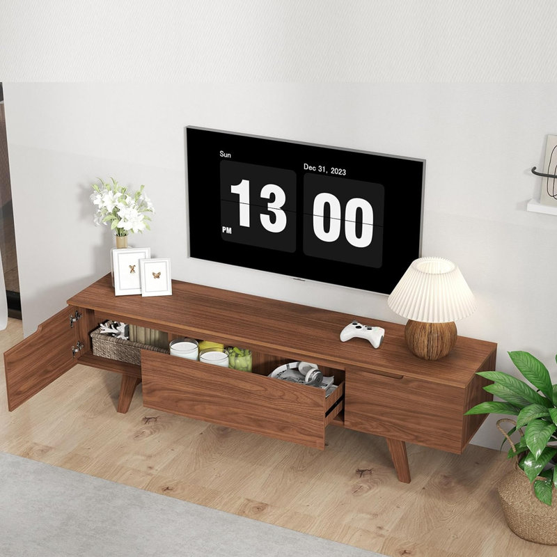70'' W Mid-Century Modern Walnut TV Stand with Drawer & Cabinet Storage, Fits TVs up to 80''