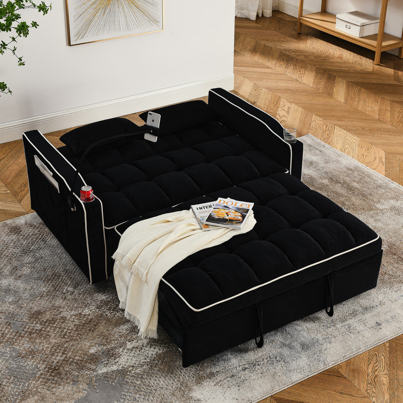 55.51 inch versatile foldable sofa bed in 3 lengths, modern sofa sofa sofa velvet pull-out bed, adjustable back and with USB port and ashtray and swivel phone stand (Grey)