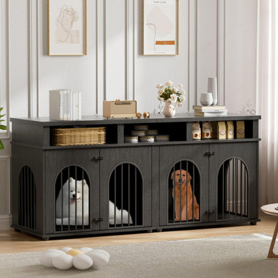 Double Dog Crate Furniture 71" Dog Kennel Furniture for 2 Medium Dogs, Heavy Duty Dogs Cage XL Dogs House Indoor with 3 Storage Shelves, Large Puppy Crates with 8 Adjustable Feet