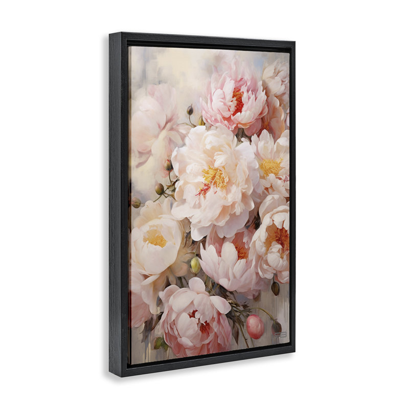 Collage de pivoines roses, toile flottante encadrée par Roozbeh Bahramali, Cadre flottant noir de jais, H 16 po x l 24 po
