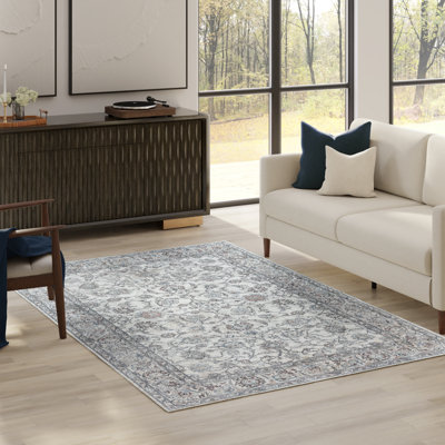  adamstown Emporia Lianne Machine Washable Traditional Border Indoor Area Rug, Ivory Gray Beige Non-Slip Chenille – Living Room & Bedroom, 5x7