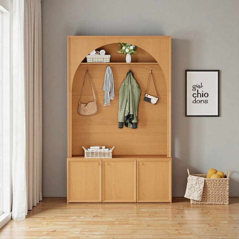 Arbre d'entrée en noyer Farmhouse avec banc, 3 armoires et crochets dorés - solution de rangement tout-en-un pour le hall d'entrée