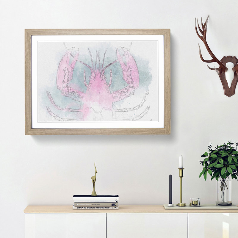 Pink and Duck Egg Blue Lobster Art - Picture Frame Painting Print, Oak Framed, 27cm H x 36cm W x 2cm D