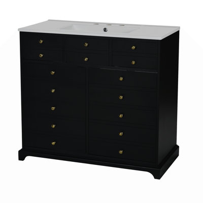 Ensemble de meuble-lavabo 36 po avec lavabo en résine, armoire de rangement en bois massif, ensemble de meuble-lavabo autoportant avec 2 tiroirs et portes à fermeture douce, noir