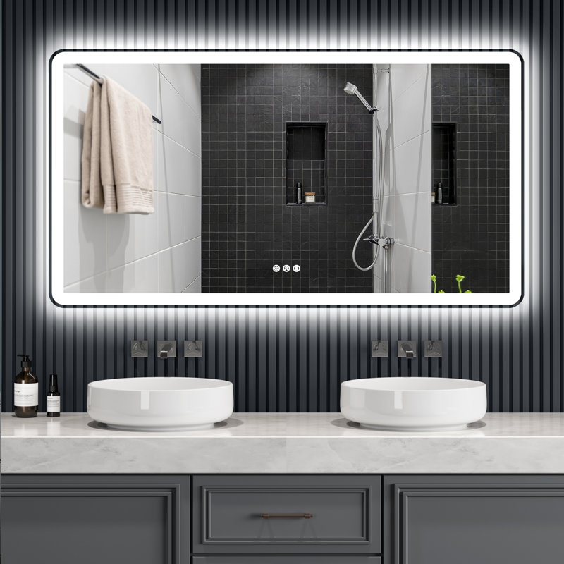 Miroir de salle de bain rond sans cadre à DEL, avant et arrière, anti-buée, verre trempé, 3 couleurs, gradateur, à brancher / câblé, horizontal / vertical