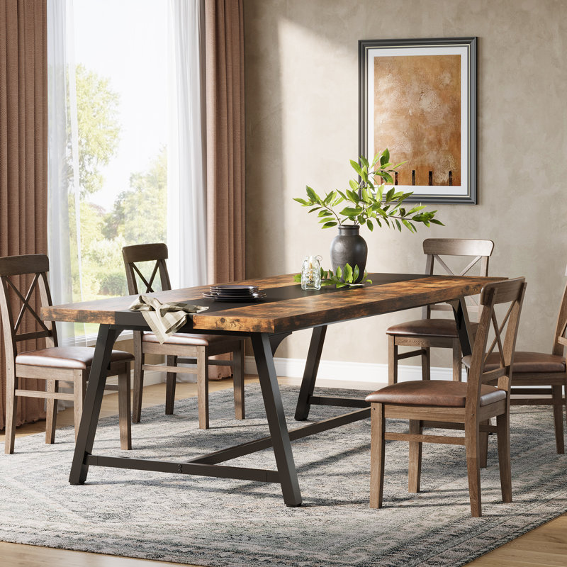 70.87 Inches Dining Table for 8, Wooden Kitchen Dinner Table, Secrest, Brown/Black