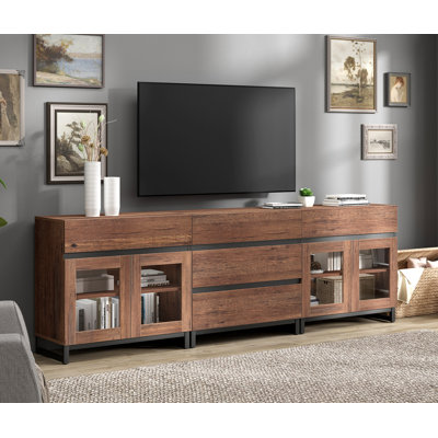 Meuble télé 3 en 1 pour téléviseur de 100 po ou moins, console de télévision moderne avec portes en verre et 5 tiroirs, console multimédia avec tablette réglable pour le salon et la chambre à coucher