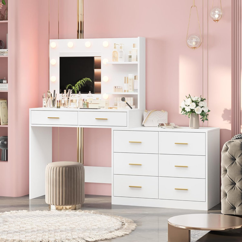 61" Make Up Vanity Desk With Mirror And Lights, 3 Lighting Modes Vanity Organizer With Adjustable Brightness, White