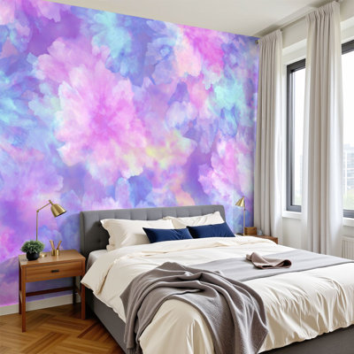 Peel and Stick Wallpaper 96" W x 69" H Modern Self Adhesive Wall Mural for Bedroom Abstract Floral Pastel Tie Dye Print