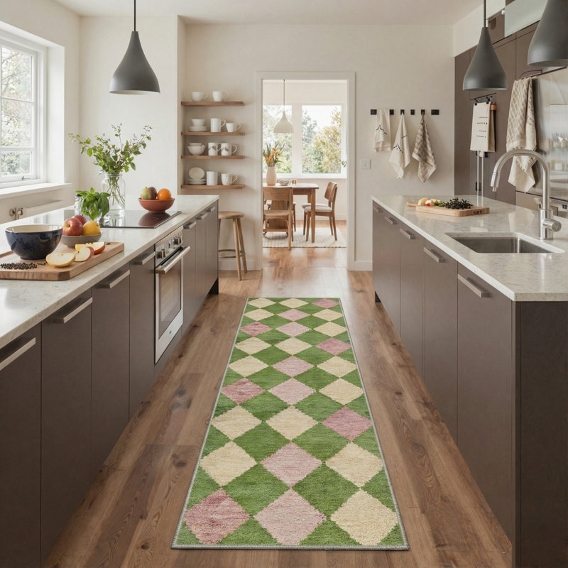 Maven Geometric Machine Washable Pink / Green / Beige Indoor Area Rug with Non-Slip Backing, Runner 2' x 6'