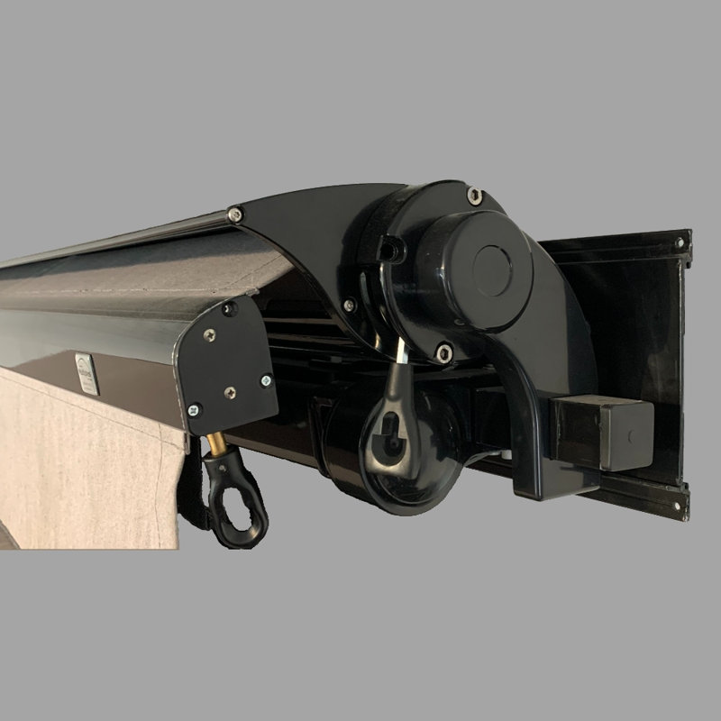 Brasilia Europa Semi-Cassette Retractable Patio Awning, Integrated Covered Awning, Black Structure, Motorized With Wall Installation