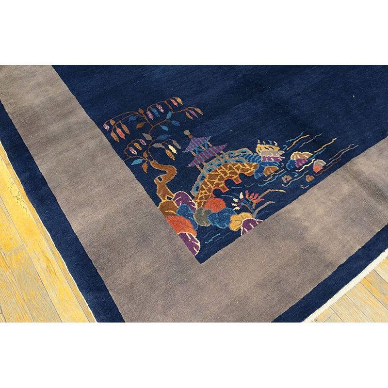 Antique Blue Field Gray Border Classic Chinese Art Deco Design Rug