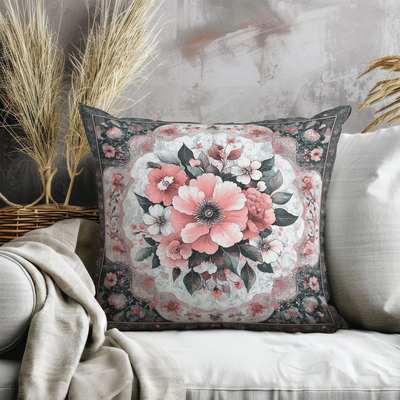 Cachemire Crépuscule Intérieur/Extérieur 18x18, Carré 18 po, Gris / Rose