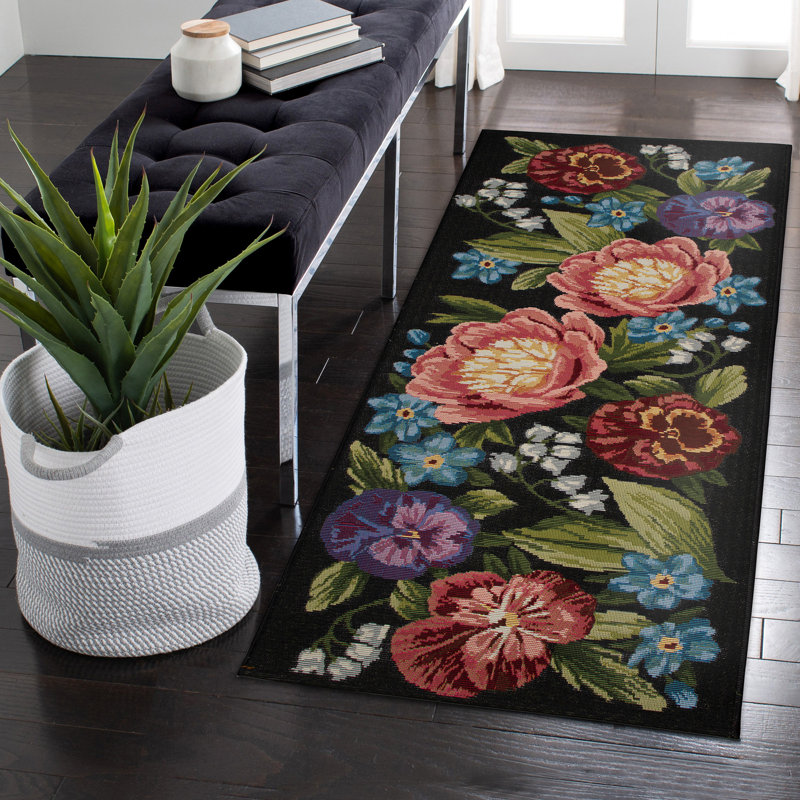 Andreane Floral Synthetic Non-Skid Kitchen Mat, Black, Runner 1'11" x 4'11"