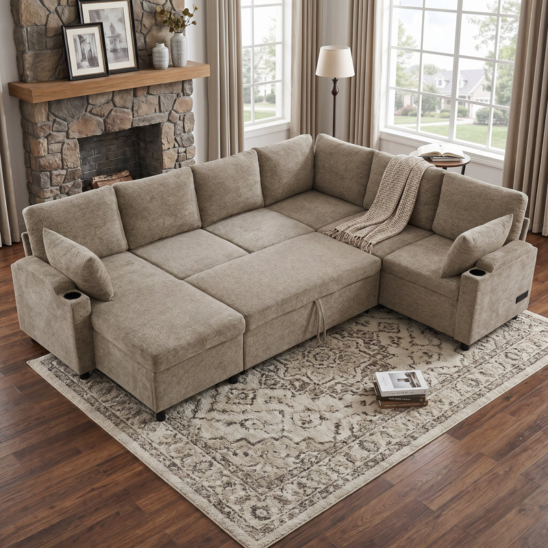 109.9"Chenille Sectional Sofa Bed U-Shaped Brown