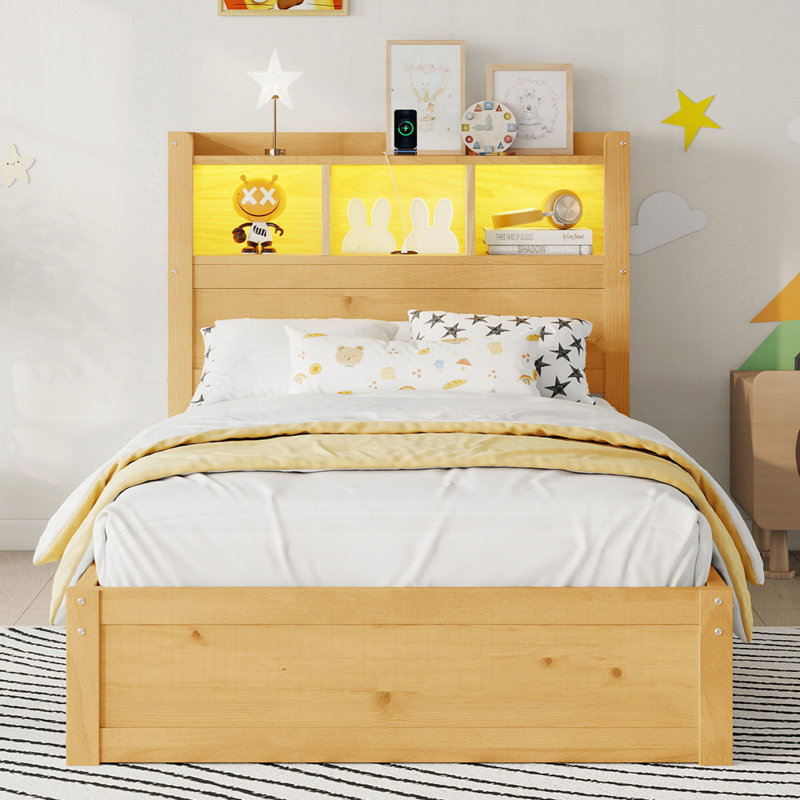 Lit avec tête de lit et armoire de rangement escamotable, Naturel, Lit simple
