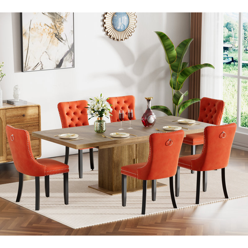 62.99" -78.74" Extendable Dining Table Set, Brown Dining Room Table with Storage & Velvet Dining Chairs with Wood Leg, Rustic Kitchen Dining Table and Chairs Set, Modern Dining Table Set