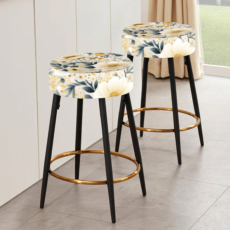 Ensemble de 2 tabourets de bar style bohème neutre à motif de fleurs beiges