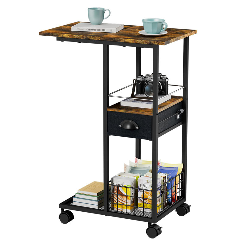 Modern 3 Tier End Table Rack Side Table Cart With 360 Rolling Wheels & Drawer