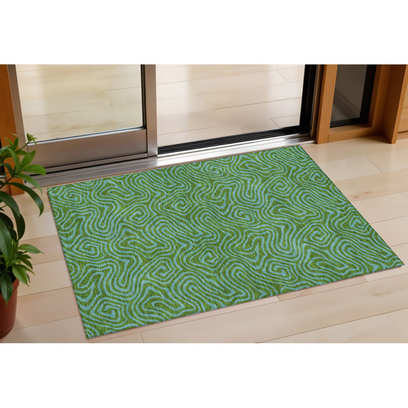 3' X 5' Green And Blue Abstract Washable Indoor Outdoor Area Rug