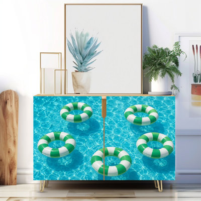 Buffet étroit de 35,4 po de largeur - armoire de rangement d'appoint à 2 portes avec anneaux de piscine gonflables vert-beige, impression d'eau bleue flottante et pieds en métal