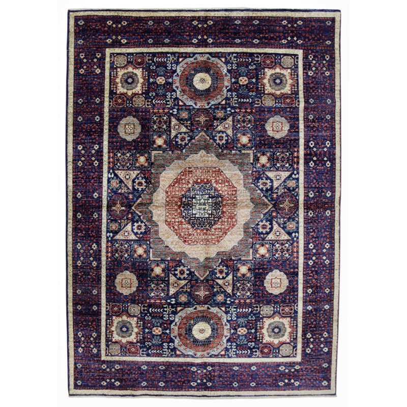 Hand Knotted Wool Area Rug in Navy, Rectangle 4'11" x 6'10"