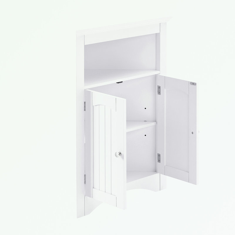 Armoire de coin de salle de bain avec portes et tablettes ouvertes, Blanc