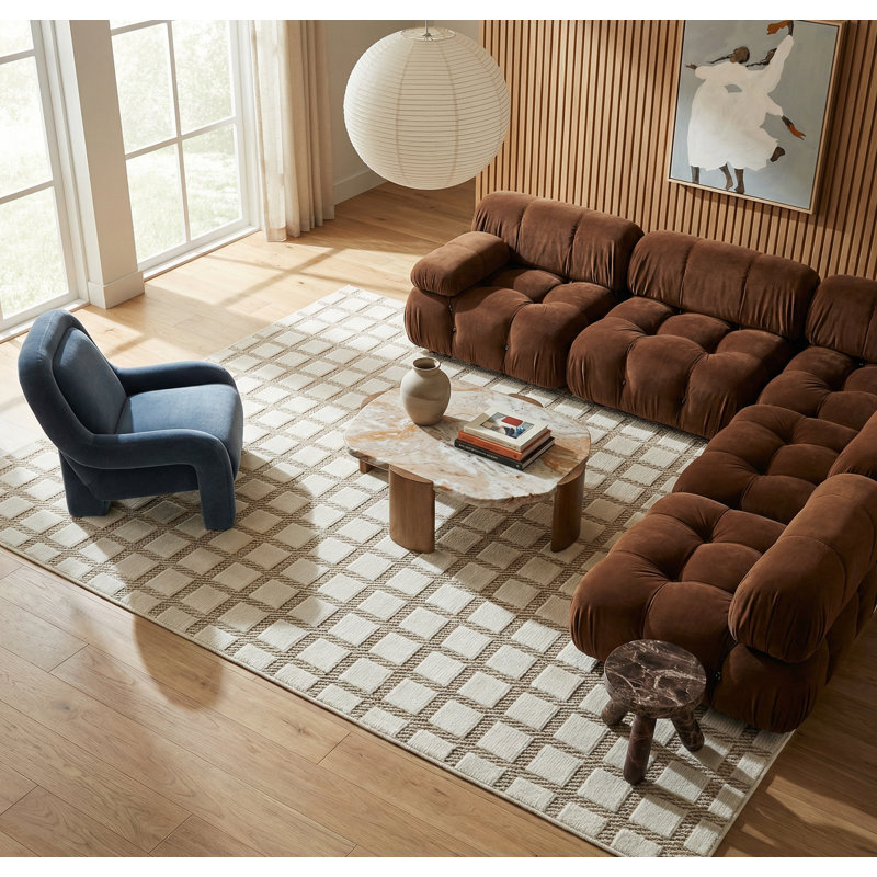 Tapis d'intérieur / crème à motif géométrique crème / beige 4 pi x 6 pi (3 pi 11 po x 5 pi 7 po) Branch Branch Hunter - salon, chambre à coucher, salle à manger et cuisine résistant aux taches