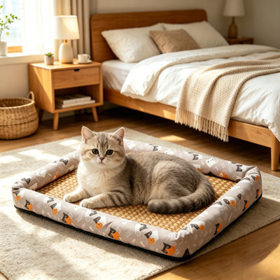 Lit d'été en rotin pour animaux, tapis de caisse pour chien avec traversin imprimé pour chat, coussin de refroidissement respirant antidérapant pour petits chiens et chats de taille moyenne
