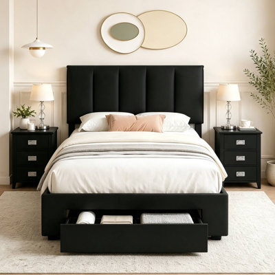 Ensemble de chambre à coucher 3 pièces avec lit de rangement rembourré en velours et 2 tables de chevet, lit plateforme avec tiroirs, station de charge, tables de chevet à 3 tiroirs, ensemble de mobilier de chambre moderne