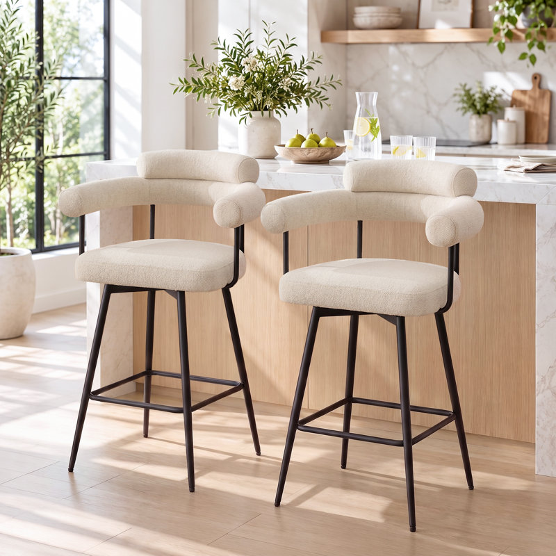 Kiylan Modern Swivel Upholstered 26.7" Linen Counter Stool with Curved Wing Back and Metal Frame, Linen Beige