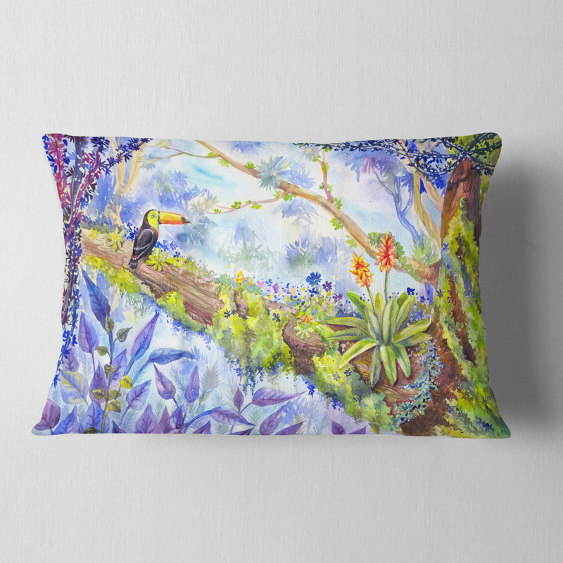Coussin Jungle with Bird Toucan on Tree, 12 po x 20 po, Rectangulaire