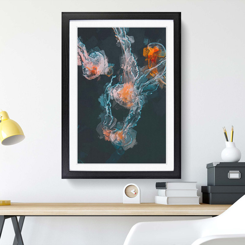 Peach Jellyfish in Abstract - Framed Print, 65cm H x 48cm W x 2cm D, Black Framed